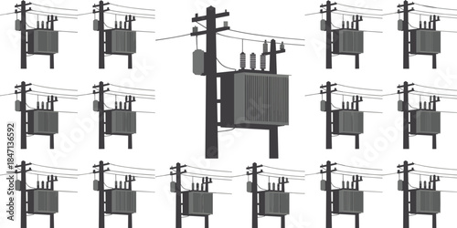 Power Transformer Utility Poles With Electrical Equipment On White Background vector illustration
