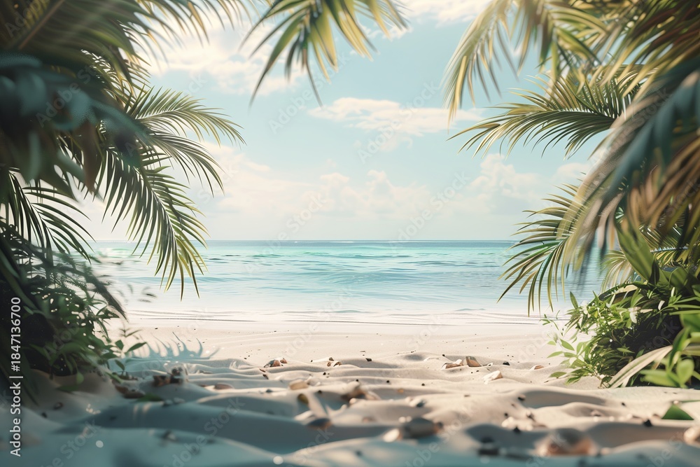 Fototapeta premium Scenic view of a sandy beach framed by palm trees with calm water under a clear sky in the morning