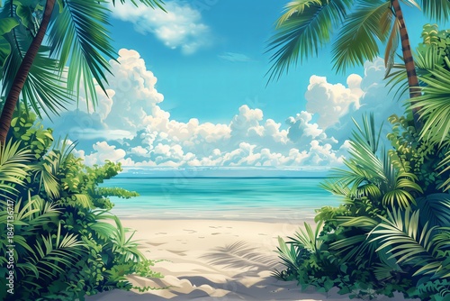Bright blue ocean and clouds viewed through palm trees on a sunny day at the beach