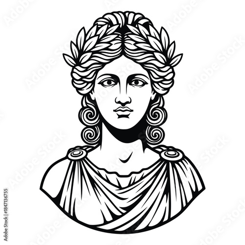 a young woman with an ethereal, serene expression, rendered in a style reminiscent of ancient Greek pottery or woodcut prints