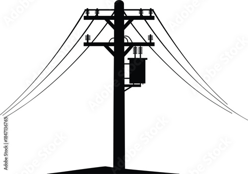 Silhouette of a Single Utility Pole with Transformer and Wires Keywords: utility pole, power pole, electricity, transformer