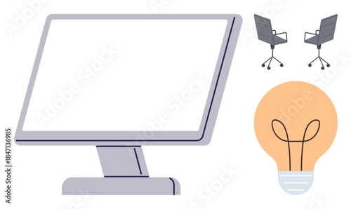 Modern monitor, two office chairs, and a lightbulb representing innovation, teamwork, creativity, collaboration, workspace design, technology and idea generation. Ideal for office productivity
