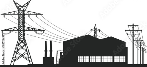 Silhouette of an industrial complex with power lines and transmission towers factory power plant