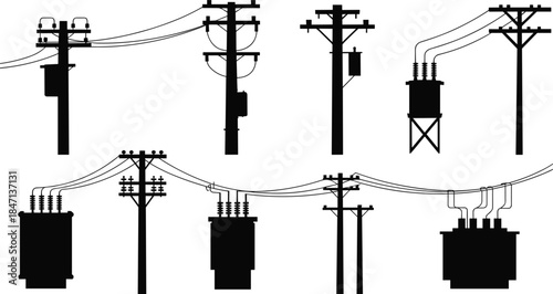 Silhouettes of Electrical Transformers and Utility Poles with Power Lines electricity energy