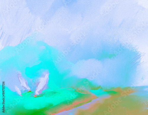 Impressionistic Seascape of 3 Sailboats Near the Shoreline Under Puffy Billowing Clouds in Sky Above - Digital Design, Art, Painting, Illustration, Artwork-In Aqua, Blue, Coral & Green
