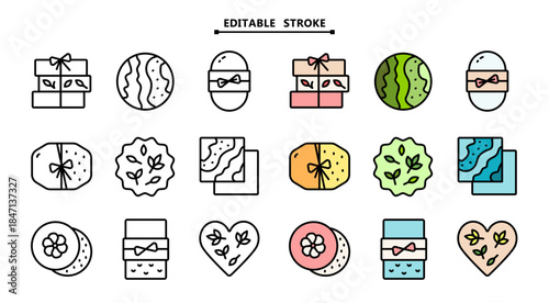 Handmade soap icons set. Editable stroke. A bar of homemade soap. Eco products for spa beauty. Natural cosmetics. Vector isolated illustration of cosmetic hygiene product.
