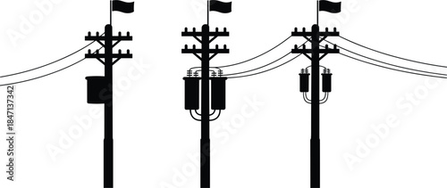 Silhouettes of three utility poles with transformers, insulators, and flags Keywords: utility pole, power lines, electricity
