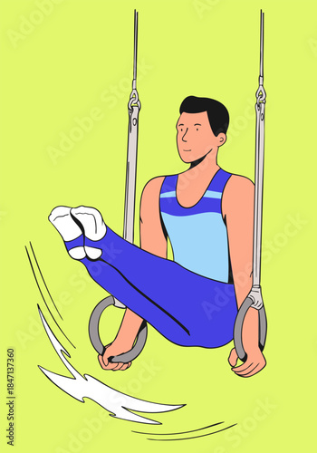 A male gymnast is performing an exercise on gymnastic rings. Vector illustration.