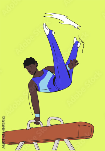 A male gymnast is performing an exercise on a pommel horse. Vector illustration.