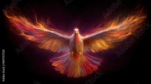 A bird with vivid flames for feathers flies through the air. The colors blend from orange to red to yellow creating a striking effect. The background is dark highlighting the bird's form.