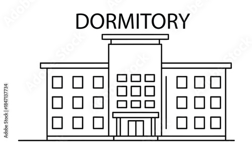 Simple line drawing of a building labeled dormitory with multiple windows and a flat roof