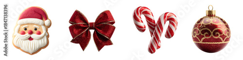 Christmas decoration set featuring Santa Claus cookie, glittery red holiday bow, striped candy canes, and red Christmas bauble ornament isolated on transparent background