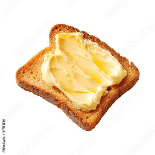 Slice of toasted bread with thick butter spread isolated on transparent background
