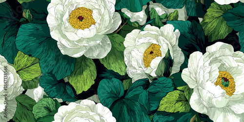 Dramatic seamless pattern of bold white peonies with yellow centers and dark green, stylized foliage for textiles, striking wallpapers, or luxury packaging