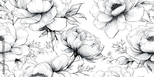 Hand-drawn black and white seamless pattern featuring detailed rose and peony outline sketches for design, fabrics, packaging, or custom stationery