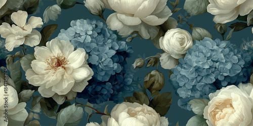 Luxurious watercolor style seamless pattern of white roses and bold blue hydrangeas on a dark teal background for elegant textiles, wallpapers, or home decor