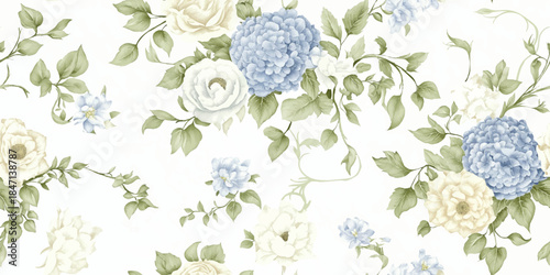 Delicate watercolor seamless pattern featuring light blue hydrangeas and soft white roses for design, feminine fabrics, wrapping paper, or wedding stationery
