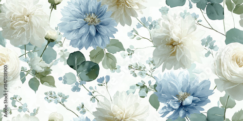 Light and airy seamless pattern of white and pale blue blossoms and roses with soft green leaves for elegant fabrics, wedding stationery, or refined packaging