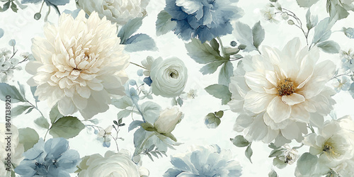 Light and airy seamless pattern of white and pale blue blossoms and roses with soft green leaves for elegant fabrics, wedding stationery, or refined packaging