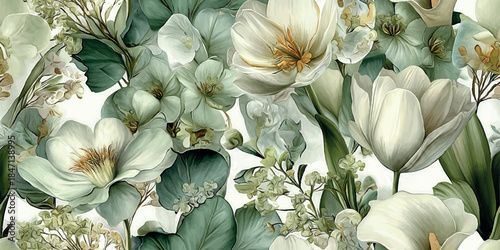 Ethereal watercolor style seamless pattern with white, cream, and pale green spring flowers and foliage for design, textiles, luxury packaging, or wedding decor