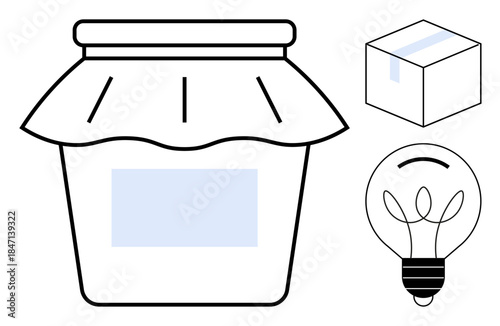 Packaging, creativity, innovation, product design, DIY projects, sustainability. Line-art jar, box and light bulb. Packaging and creativity ideas for sustainable product solutions and DIY designs