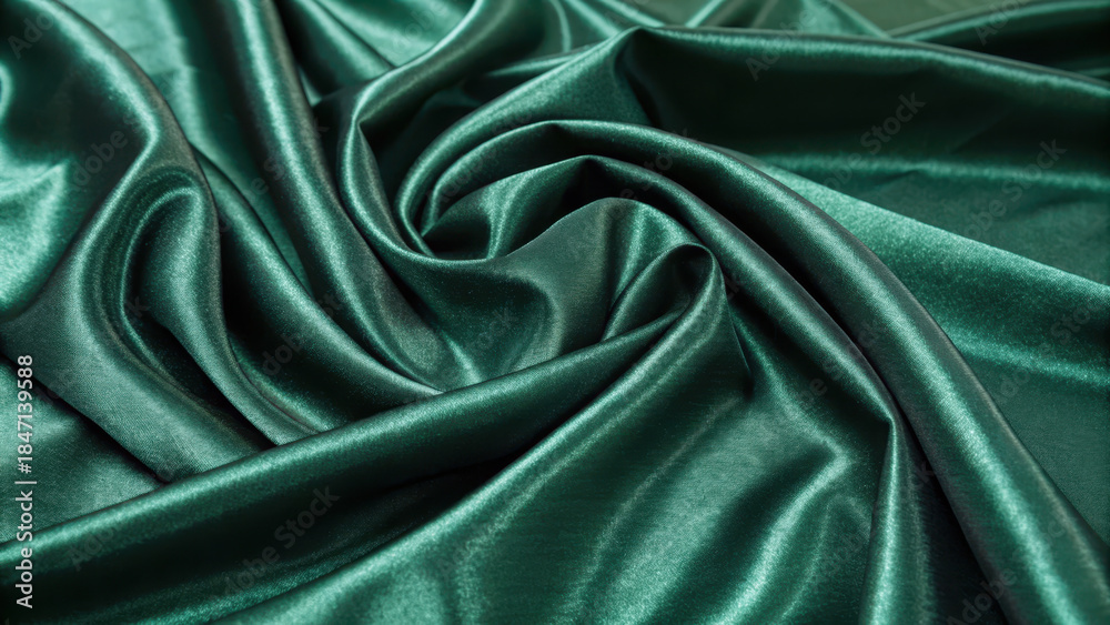 Fototapeta premium Green material dynamic visualization. Luxurious deep green satin fabric with rich folds creates elegant and sophisticated texture