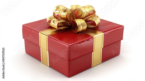 Festive red gift box with shiny gold ribbon and big bow on white background, perspective view