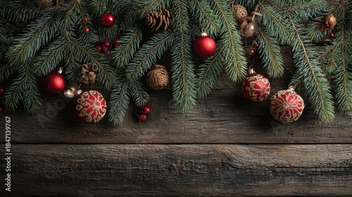 Fir branches with Christmas decor on dark wooden background, top view