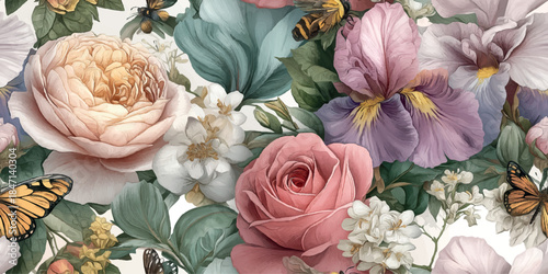 Baroque style seamless pattern with pink peonies, purple irises, tropical leaves, and butterflies for opulent fabrics, lavish wallpapers, or high-end packaging