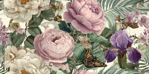 Baroque style seamless pattern with pink peonies, purple irises, tropical leaves, and butterflies for opulent fabrics, lavish wallpapers, or high-end packaging