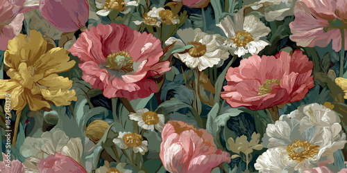 Impressionistic seamless pattern of pink, white, and yellow poppy flowers with sketchy textures on a moody background for design, textiles, or artistic wallpapers