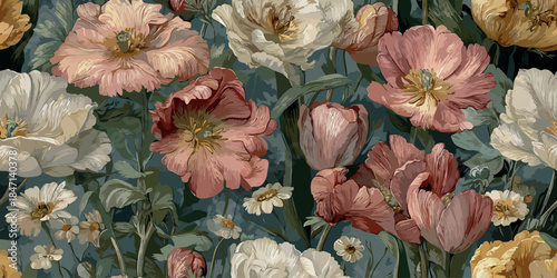 Impressionistic seamless pattern of pink, white, and yellow poppy flowers with sketchy textures on a moody background for design, textiles, or artistic wallpapers