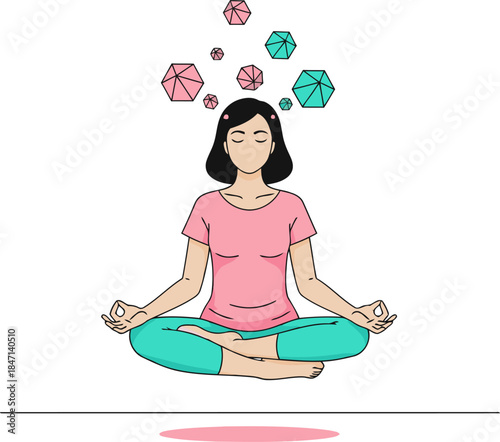 serene woman meditates with floating geometric shapes above her head She sits in a relaxed lotus position embodying tranquility and mindfulness Soft pastel colors and a minimalist style