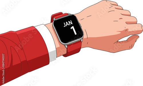 stylized illustration depicts a man wearing a red suit and smartwatch checking a calendar displaying 'Jan 1' He-s in a gym setting with blurred equipment -Track Your Wins