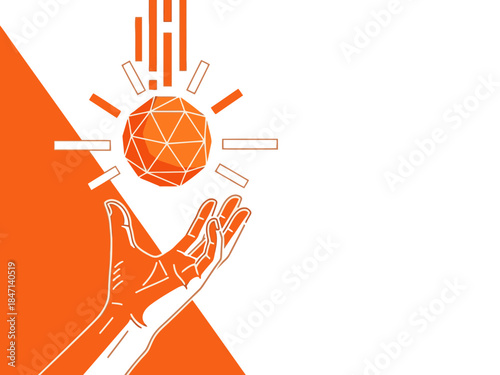 A stylized hand reaches for a glowing, faceted sphere. Bold orange and white graphic design. Dynamic, energetic composition. Suitable for tech, innovation, and future concepts.