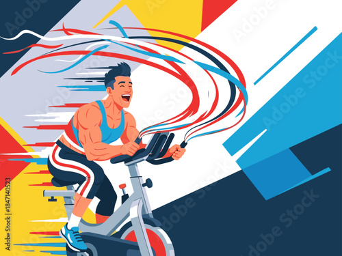 A muscular man enjoys a high-energy spin class, riding a stationary bike with vibrant streaks of color representing music. Dynamic and energetic, perfect for fitness and lifestyle visuals.