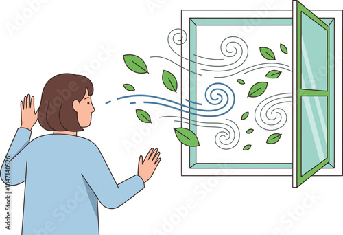 A woman breathes deeply through an open window, surrounded by swirling leaves. A fresh, natural scene evokes a sense of calm and well-being. Clean lines and a modern style.