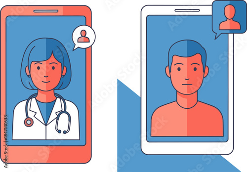 Two smartphone screens display a female doctor and a male patient during a telehealth consultation. Clean, modern illustration style. Suitable for health tech and digital wellness marketing.