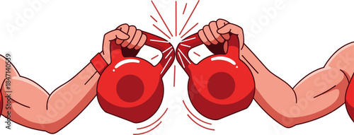 Two muscular figures powerfully lift red kettlebells creating burst of energy Festive party hats surround the scene A celebratory message -Cheers To Health