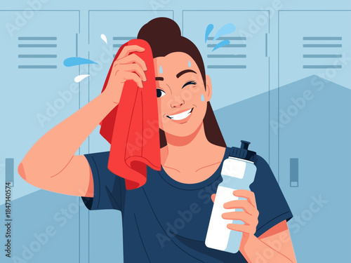 A young woman refreshes after exercise, wiping her brow with a towel. She?s smiling and holding a water bottle, conveying a feeling of revitalization. Modern, vibrant illustration.
