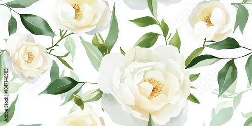 Light and airy watercolor seamless pattern with abstract white peonies and sage green leaves for elegant fabrics, wedding stationery, or refined home decor