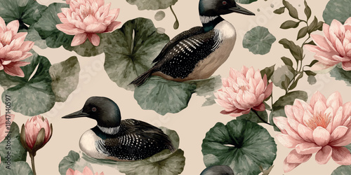 Moody watercolor seamless pattern of loon birds, water lilies, and tiny fish in natural tones for fabrics, sophisticated home decor, or nature-themed branding.