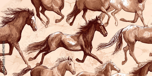 Detailed sepia-toned sketch seamless pattern of muscular, running horses on a textured brown background for masculine fabrics, ranch branding, or rustic decor