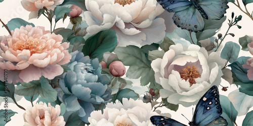 Ethereal seamless pattern with pale pink and muted blue peonies, roses, and detailed butterflies for delicate fabrics, wedding stationery, or luxury home decor