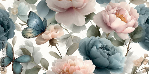 Ethereal seamless pattern with pale pink and muted blue peonies, roses, and detailed butterflies for delicate fabrics, wedding stationery, or luxury home decor