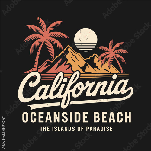 California Oceanside Beach Palm Trees Sunset Mountains Graphic Keywords: California, oceanside, beach, palm trees, sunset, mountains, graphic