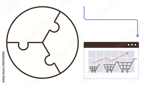 Puzzle globe connected to shopping cart data chart with upward trendline. Ideal for e-commerce, business planning, globalization, strategy, analytics, market growth, teamwork. Simple flat metaphor