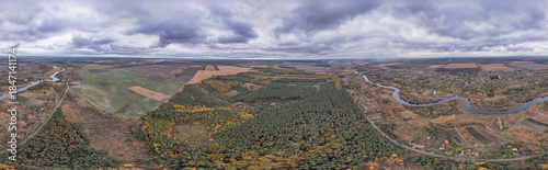 Panoramic aerial view of rural landscape with river Ros, Ukraine.