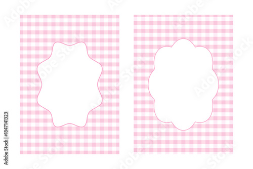 Two vertical pink gingham frames: a wavy-edged circular frame and a flower-shaped frame, both with  space for text or photo.