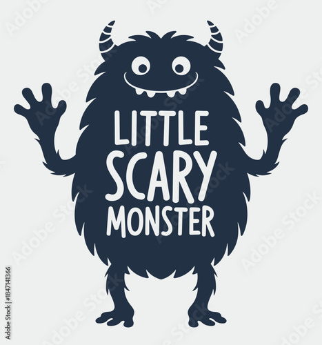 Cute Fluffy Monster with Horns and Text Little Scary Monster Keywords: monster, cute, scary, little, fluffy, furry, cartoon, character, creature